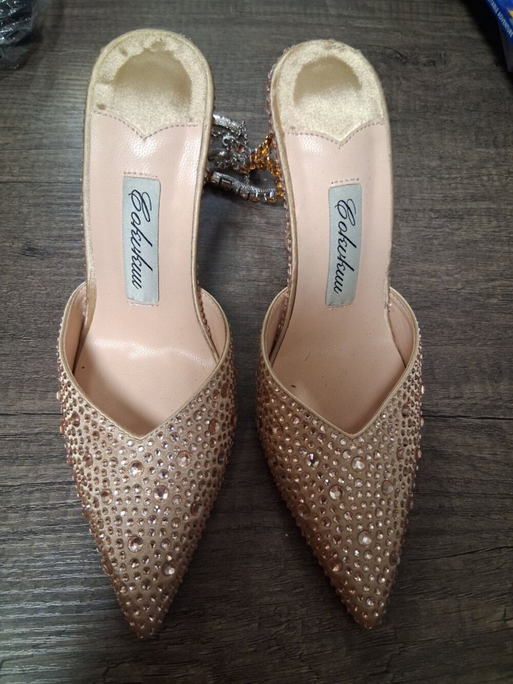 Formal Heels Bling Glam Sparkle Gems Beige Women's Size 6.5
